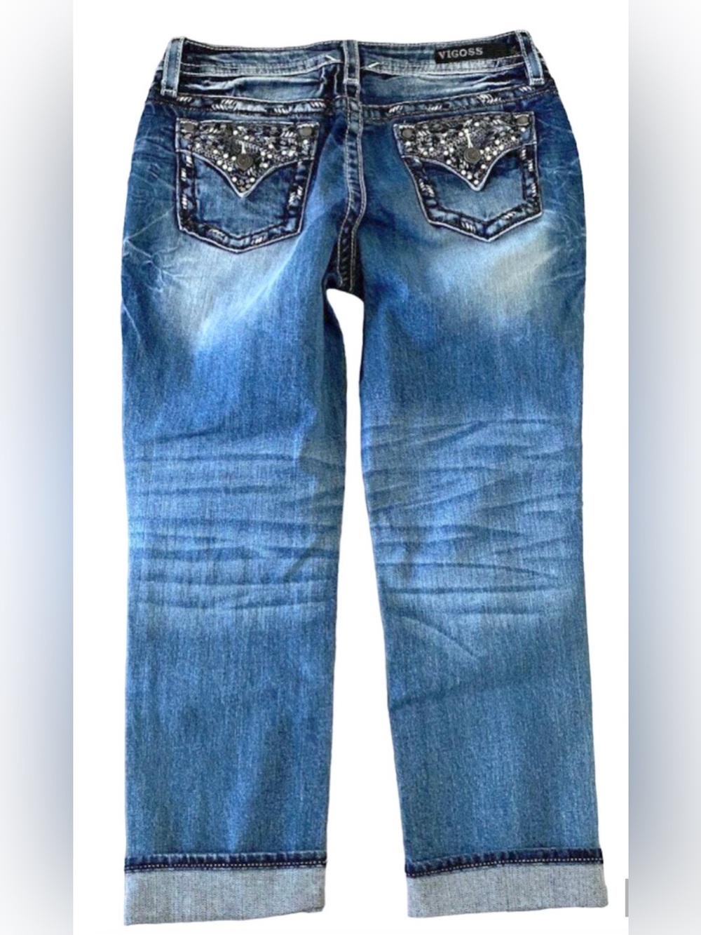 VIGOSS HERITAGE FIT THICK STITCH EMBELLISHED FLAP POCKET DALLAS CAPRI JEANS 3/4